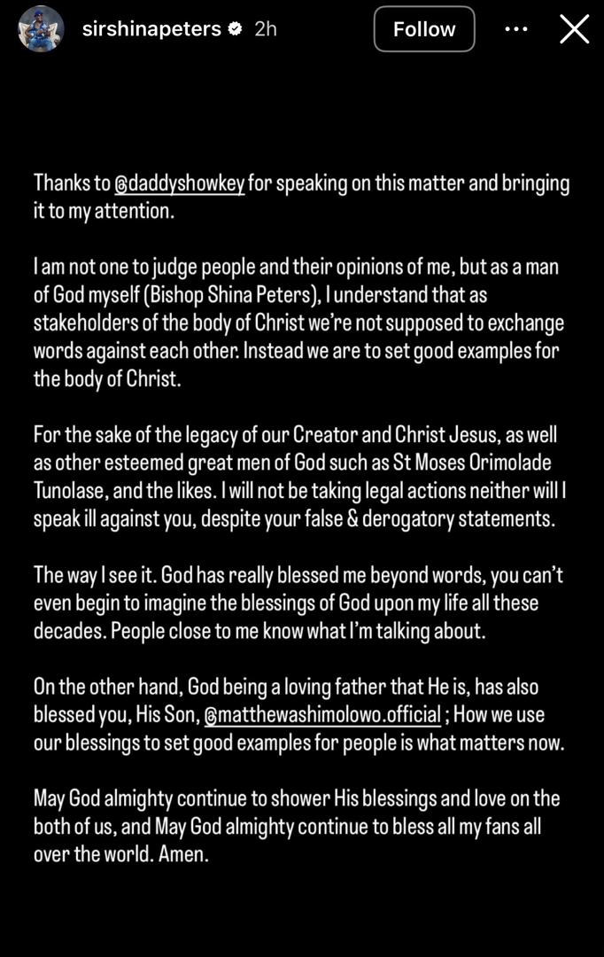 Sir Shina Peter reacts to video of clergyman, Matthew Ashimolowo, comparing the veteran singer's progress in life with that of bank MD, Jim Ovia